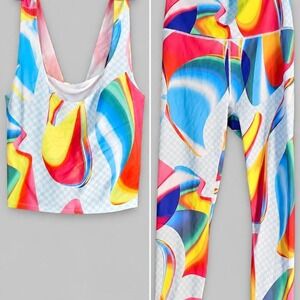 Fabletics XL PowerHold Multicolor Abstract Tank Leggings Set 2-Piece Activewear